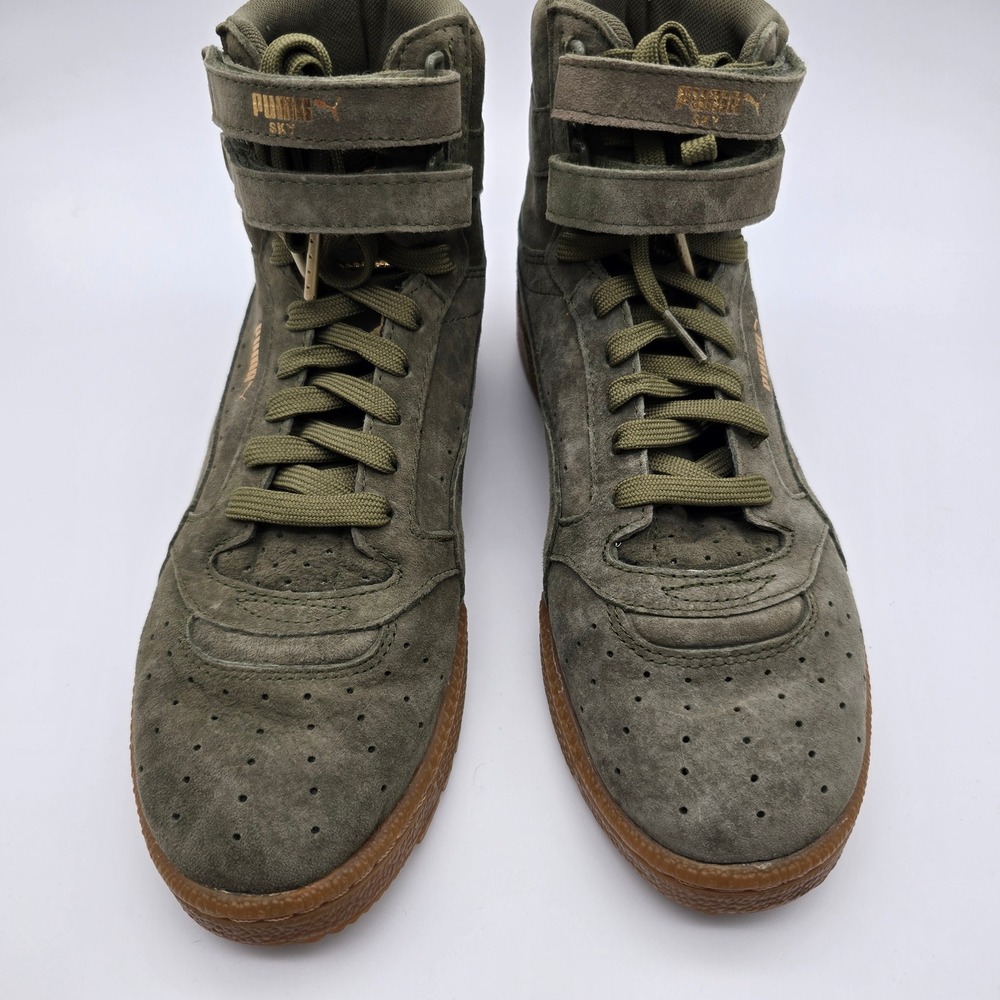Puma Sky II Hi Olive Green Suede Gum Sole High Top Sneakers Women Gold Logo - Picture 2 of 6